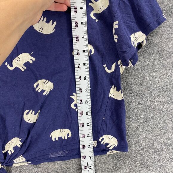 Forever 21 Top Women M Medium Blue Short Sleeve Cropped Tie Up Elephant Print - Picture 5 of 8